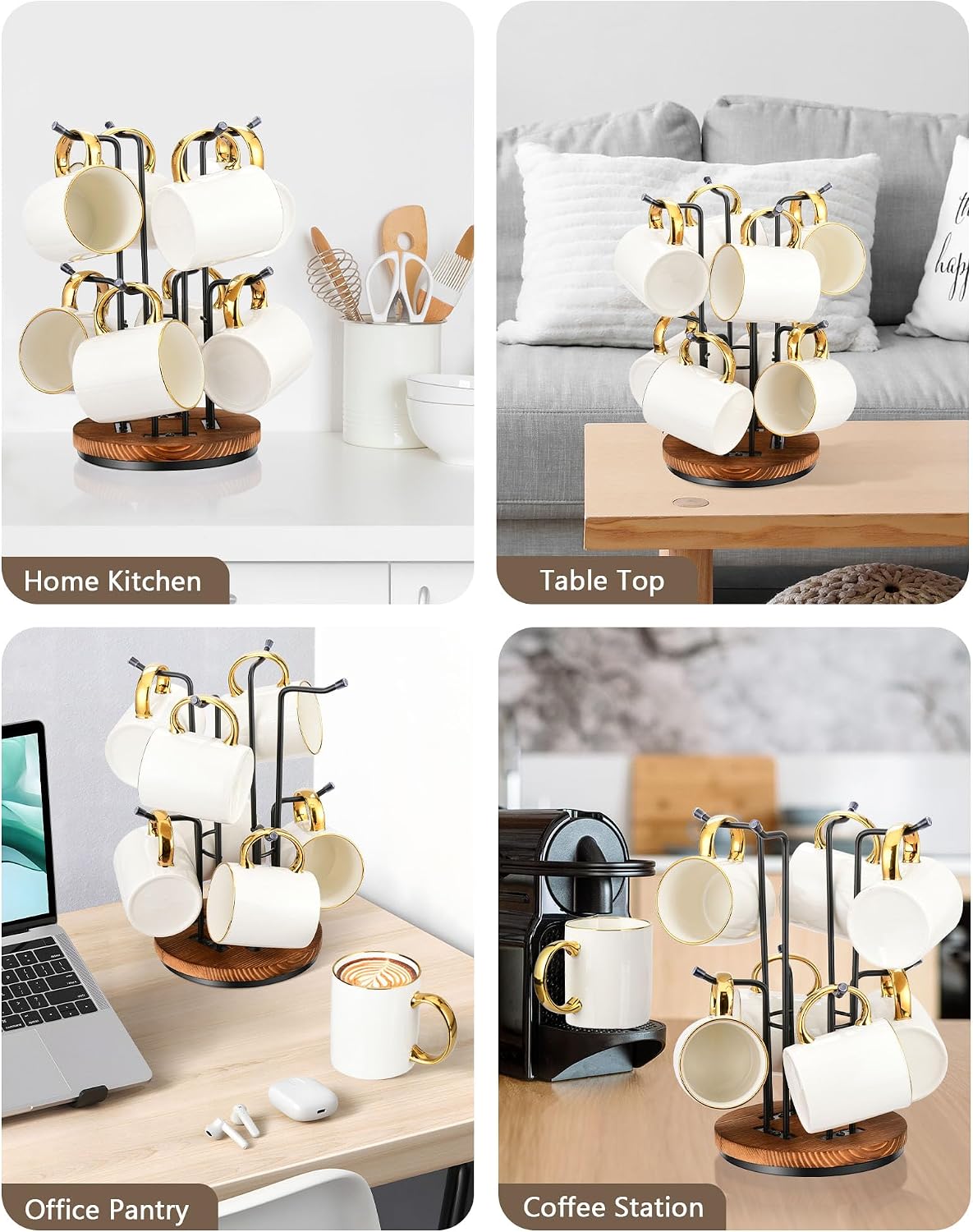 360° Rotating Mug Tree, Coffee Mug Holder for Large Cups, 6 Hooks