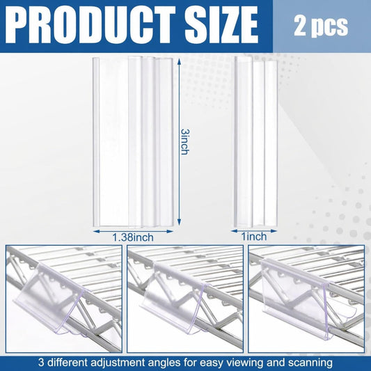 50 Pack Wire Shelf Label Holders Shelf Cable Tags for Wire Shelving 3 Viewing Angles 3" Adjustable Clear Plastic Rack Label Holder Retail Clips Compatible with 1-1/4in Metro Shelving