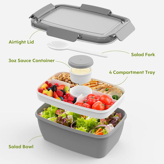 2Pack Salad Lunch Container, 68oz Salad Bowls with 4 Compartments Tray,Leak Proof Lunch Box with Fork for Men,Women BPA-Free Snack Container with Sauce Container for Dressings-Grey