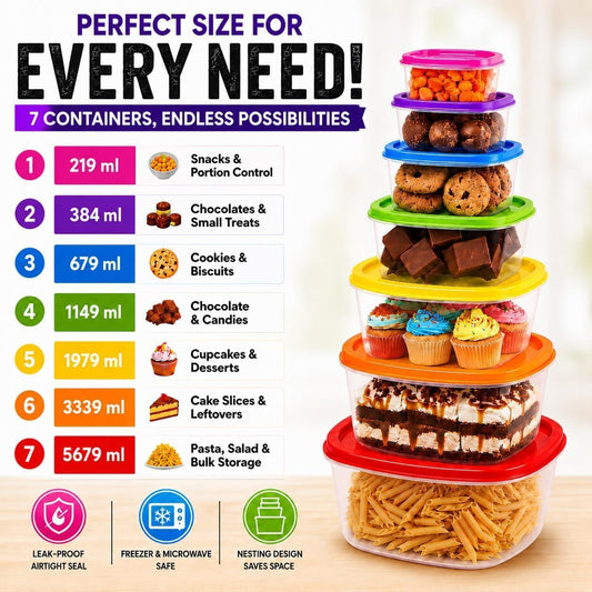 14PCS Nesting Plastic Food Storage Container Set with Airtight Leakproof Lids (7 Lids & 7 Containers) - Space Saving, BPA-Free Stackable Kitchen Storage - Freezer Safe & Microwavable