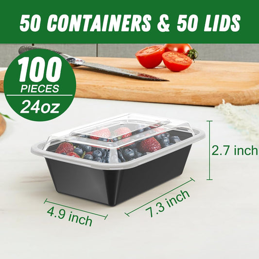 50 Pack (100-Piece) 24 oz Meal Prep Containers Reusable with Lids | Sturdy Leakproof & Food Safe, Microwave, Freezer, Dishwasher Safe Prep Containers, To Go Take Out Plastic Food Storage
