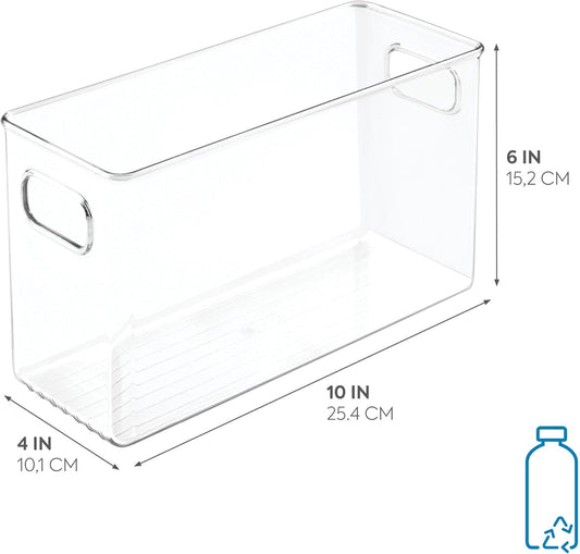 Slim Clear Plastic Storage Bin, Tall Narrow, 4-Pack | Organizer for Kitchen, Fridge, Pantry