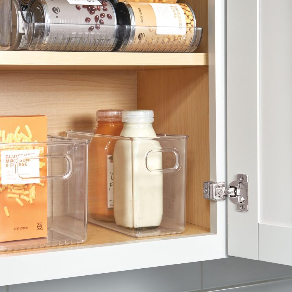 Slim Clear Plastic Storage Bin, Tall Narrow, 4-Pack | Organizer for Kitchen, Fridge, Pantry