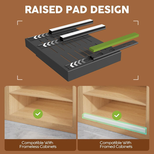Expandable Pull Out Cabinet Organizer 21"Deep With Raising Pad for Framed Cabinets, Upgrade 3 Slide Rails Slide Out Drawers, Roll Out Shelves Adhesive,Adjustable Width 12.05"-20.4"White