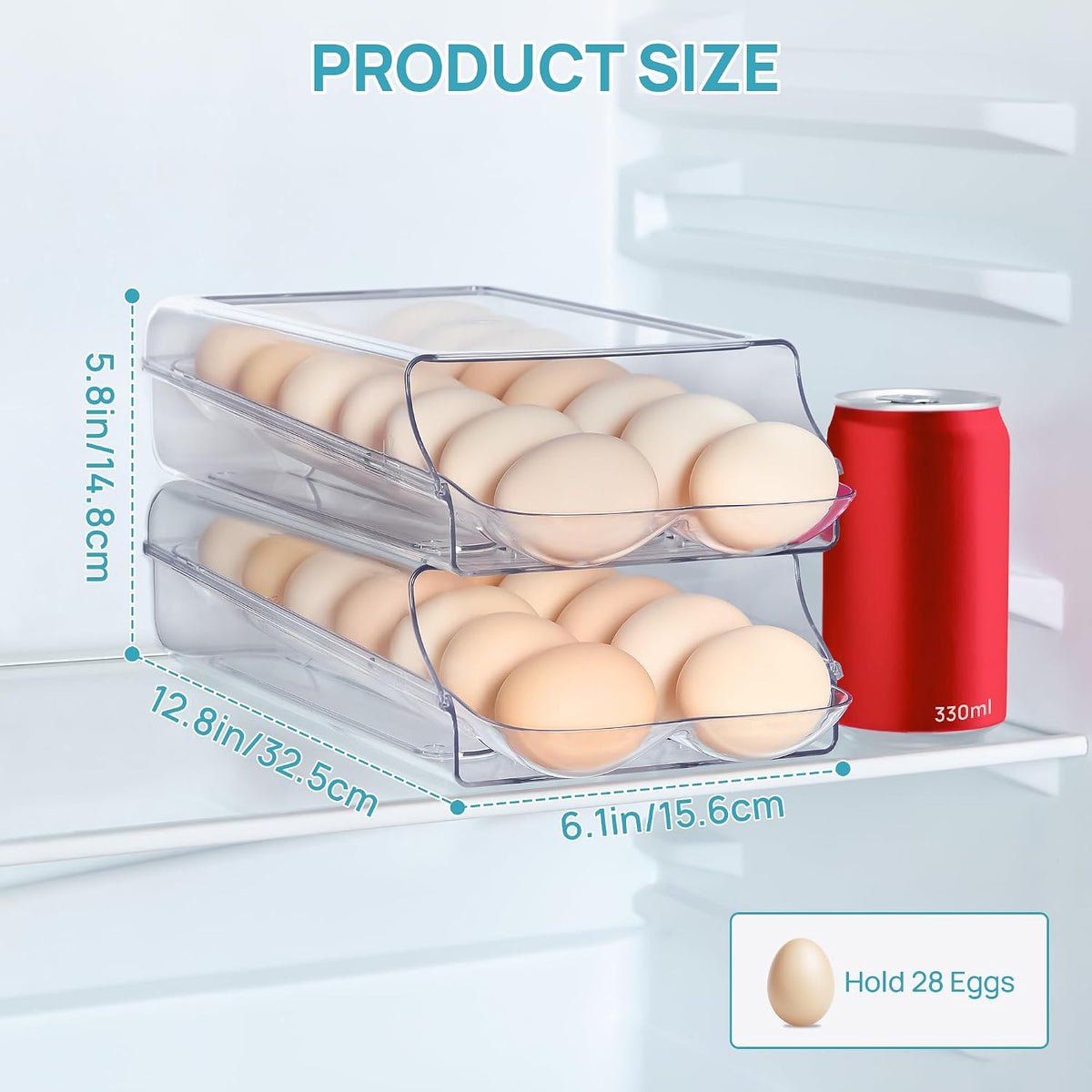 2 Pack Egg Holder for Fridge, Automatic Rolling Egg Container