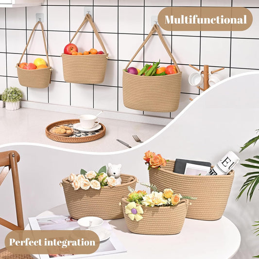 Hanging Basket, 3-Tier Woven Wall Basket with 4 Hooks, Cotton Rope Storage Baskets, Over the Door Organizer for Nursery, Bedroom, Cottage and Boho Wall Decor