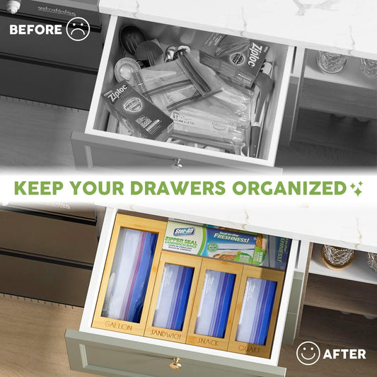 Bamboo Storage Bag Organizer for Kitchen Drawer, 4 Separate Food Storage Bag Organizer, 12x14 Baggie Organizer Dispenser for All Brands Gallon, Snack, Sandwich & Quart Slider Bags Black