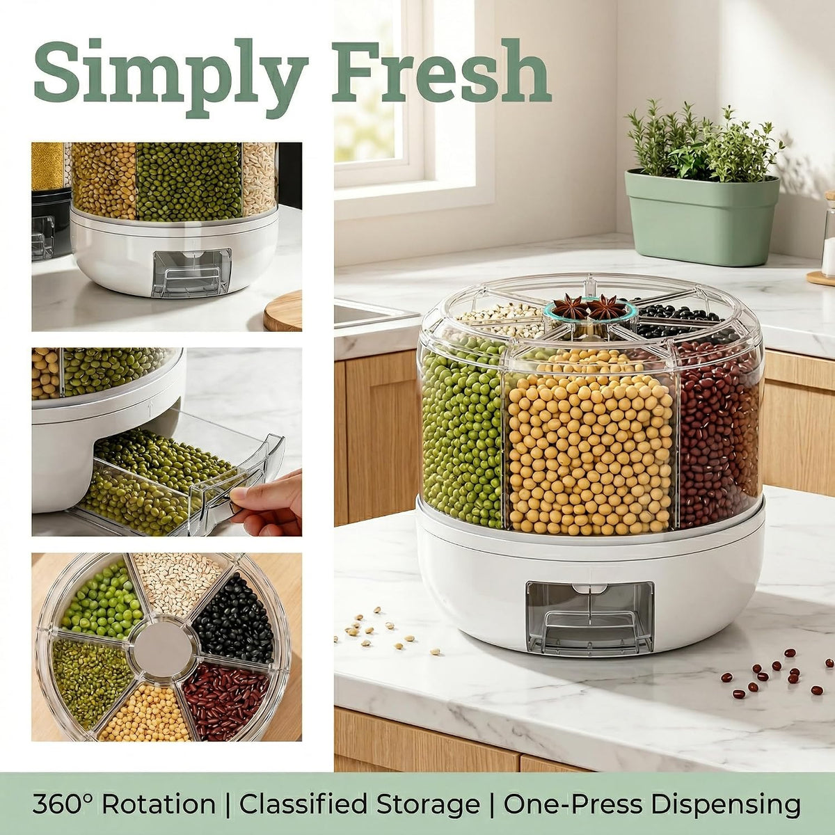 Rotating Grain Storage Bin 6 Grids Rice Container One-Click Output Large Capacity Food Dispenser For Rice Grains Sealed Moisture Proof Organizer (Black)