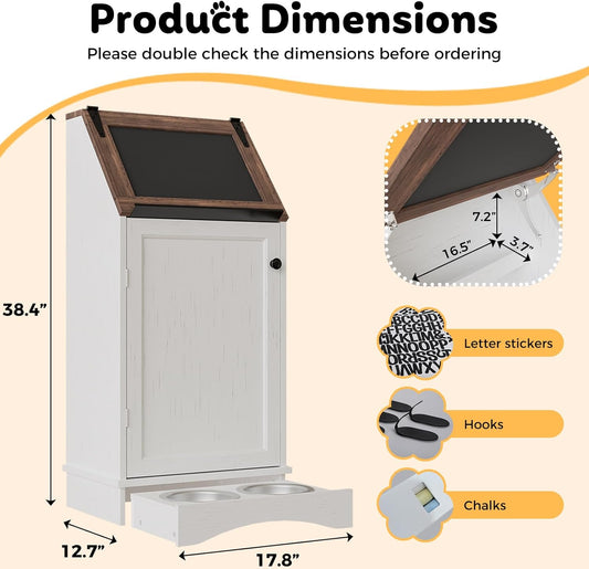 Dog Food Feeding Station Storage with Bowls, Pet Food Storage Cabinet with Flip-Top Blackboard, Hidden Trash Can, Pet Organizer Cabinet for Dog and Cat