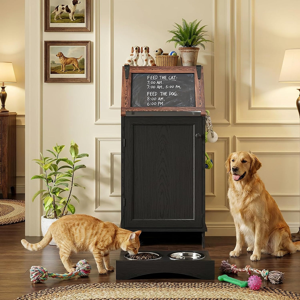 Dog Food Feeding Station Storage with Bowls, Pet Food Storage Cabinet with Flip-Top Blackboard, Hidden Trash Can, Pet Organizer Cabinet for Dog and Cat