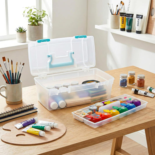 Essentials Lift-Out Tray Craft Box with Handle, Clear/Aqua