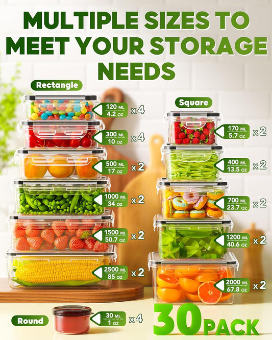 KEMETHY Food Storage Containers with Lids, Plastic Food Containers | BPA-Free, Leak Proof, Reusable, Microwave/Dishwasher Safe Meal Prep Containers with Labels & Pen, 30 Containers & 30 Lids