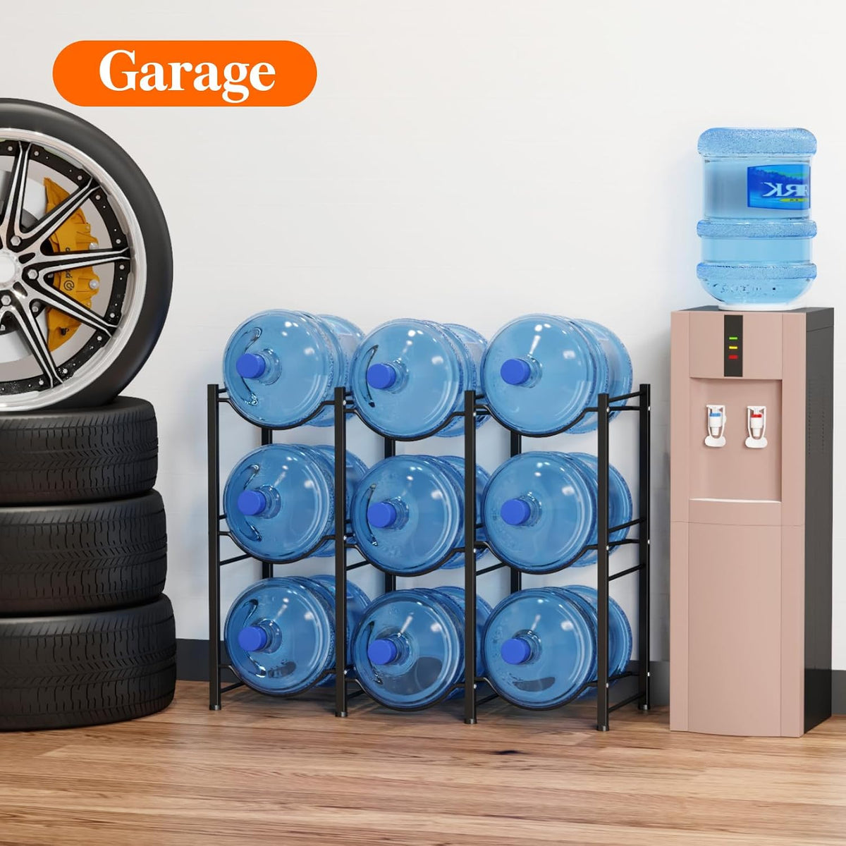 5 Gallon Water Jug Holder, 3 Tier Heavy Duty Water Dispenser Stand | 3 Slots Water Bottle Storage Rack for Gallon Jugs, 126 lb Capacity Detachable Water Shelf Organizer for Home, Office, Black