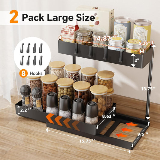 Under Sink Organizer, 2 Tier Cabinet Organizer with Sliding Basket, Multi-Purpose Sink Storage Basket with 4 Hooks for Kitchen Bathroom, Black
