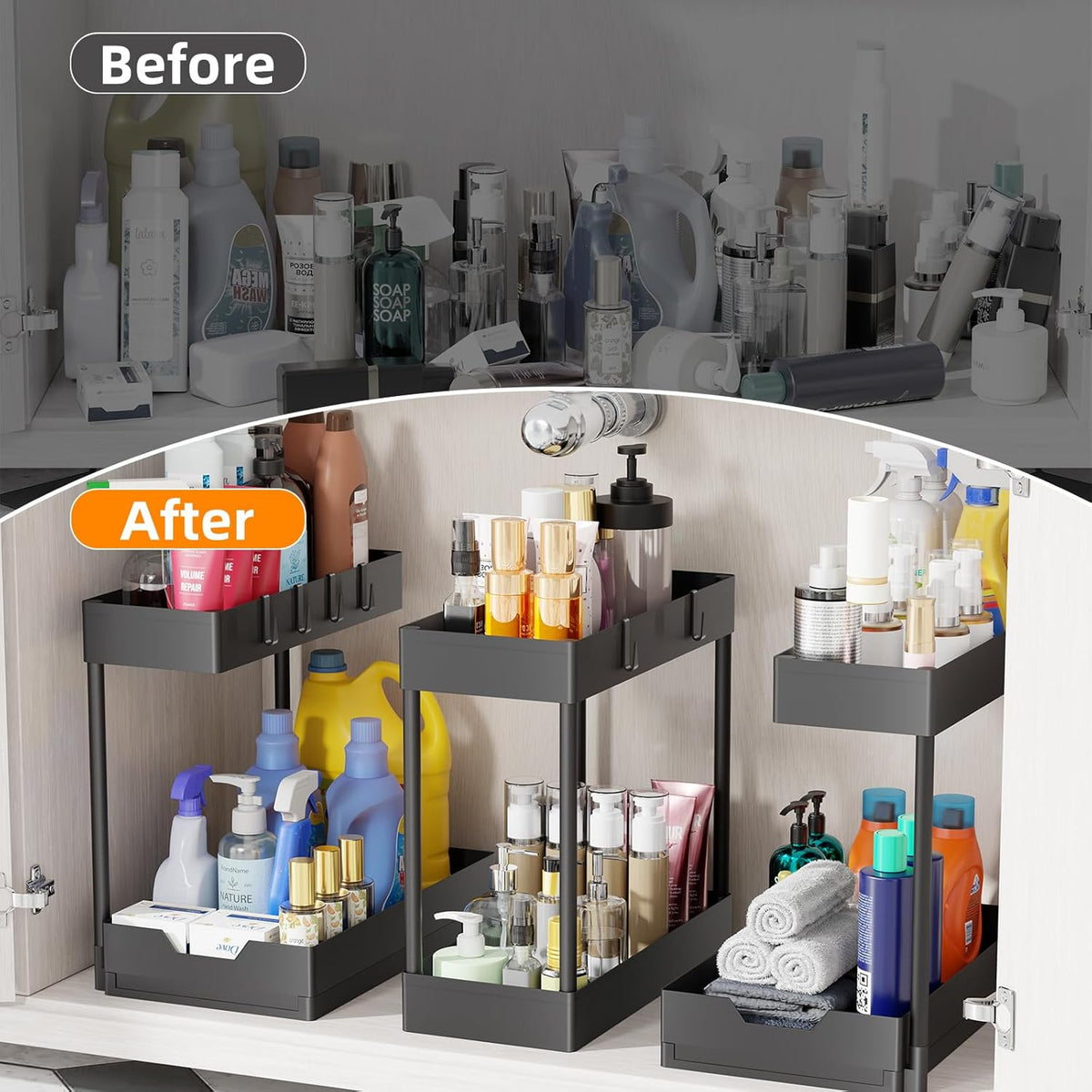 Under Sink Organizer, 2 Tier Cabinet Organizer with Sliding Basket, Multi-Purpose Sink Storage Basket with 4 Hooks for Kitchen Bathroom, Black