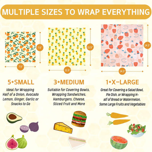 Reusable Beeswax Wrap - 9 Pack Beeswax Wraps for Food, Eco-Friendly Beeswax Food Wraps, Bread Sandwich Food Wrap - Organic, Sustainable, Zero Waste, Plastic-Free Food Storage, 1XL, 3M, 5S