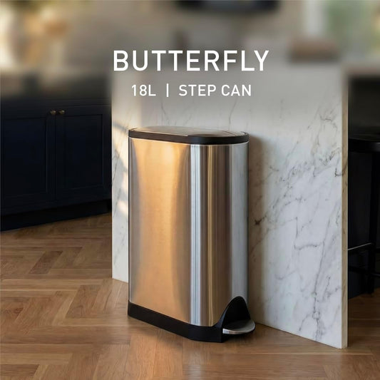 18 Liter / 4.8 Gallon Butterfly Lid Kitchen Step Trash Can, Brushed Stainless Steel