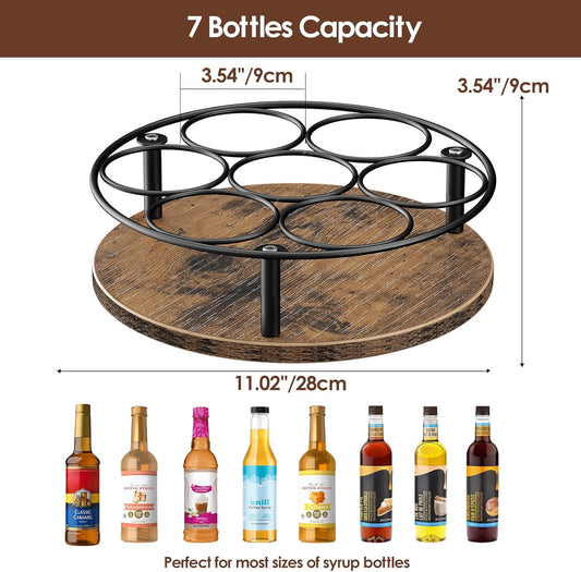 9 Bottles Rotating Coffee Syrup Rack, Brown+Black | Carbon Steel Frame, Wooden Base Bottle Holder, for Coffee Flavored Syrups Table Top Thermos Liquor
