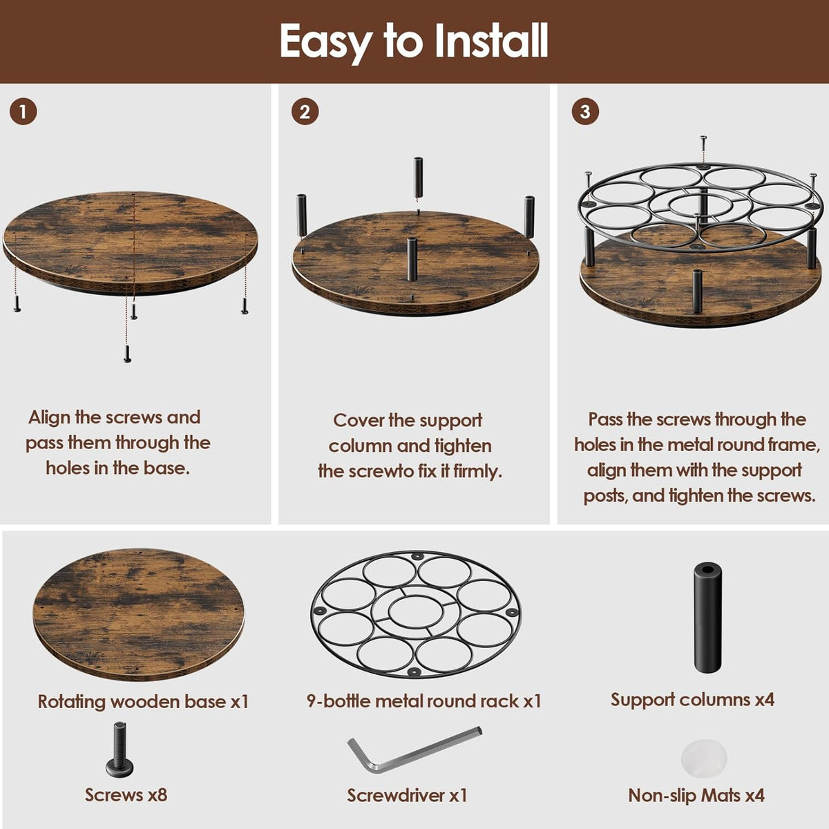 9 Bottles Rotating Coffee Syrup Rack, Brown+Black | Carbon Steel Frame, Wooden Base Bottle Holder, for Coffee Flavored Syrups Table Top Thermos Liquor