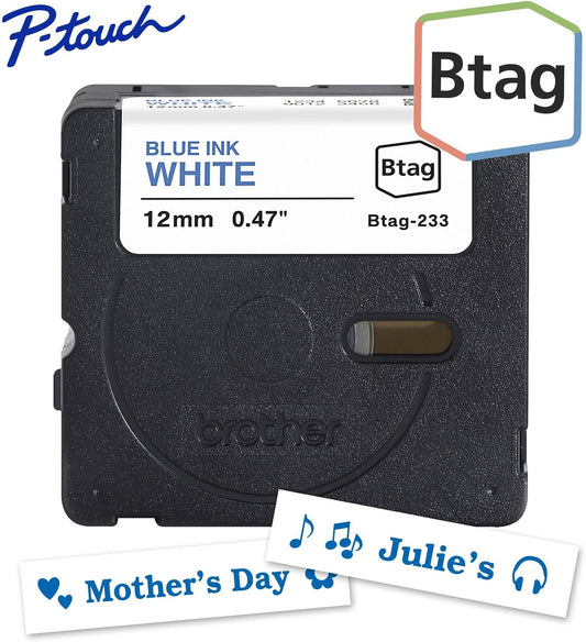 Genuine P-Touch Btag BTAG233 Blue on White Label Tape ~1/2in by 13.1ft (12mm x 4m). (Works Only with PT-N10, PT-N20, PT-N25BT Label Makers)