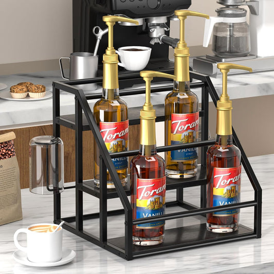 Coffee Syrup Rack Organizer, Spice Racks, Syrup Bottle Holder Stand for Coffee Bar, 3-Tier 12 Bottles Storage Shelves for Syrup, Wine, Dressing for Kitchen Countertop, Rustic Brown & Black