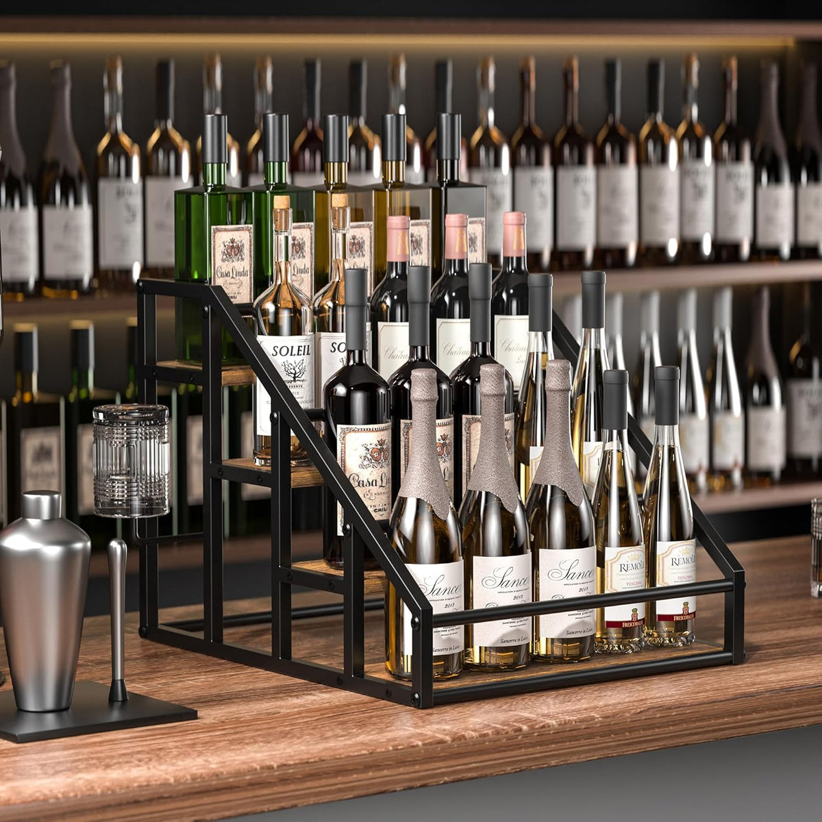 Coffee Syrup Rack Organizer, Spice Racks, Syrup Bottle Holder Stand for Coffee Bar, 3-Tier 12 Bottles Storage Shelves for Syrup, Wine, Dressing for Kitchen Countertop, Rustic Brown & Black