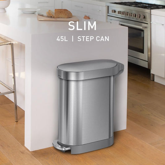 45 Liter / 12 Gallon Slim Hands-Free Kitchen Step Trash Can, Brushed Stainless Steel