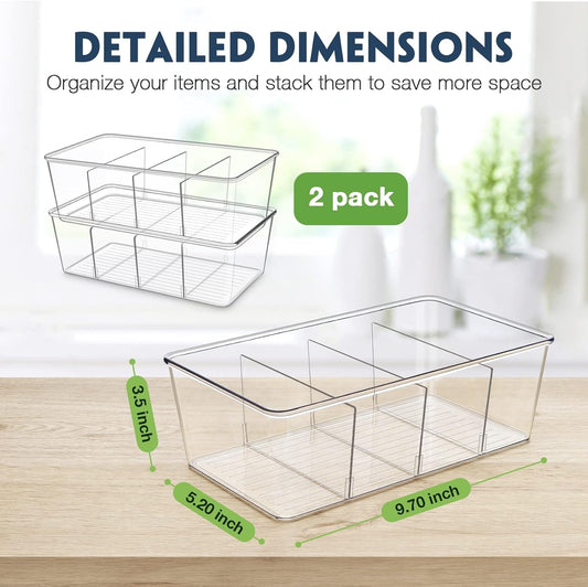 Pantry Organization and Storage Bins, Refrigerator Organizer Bins – Clear, Kitchen Organization and Storage with Dividers (2 Pack)