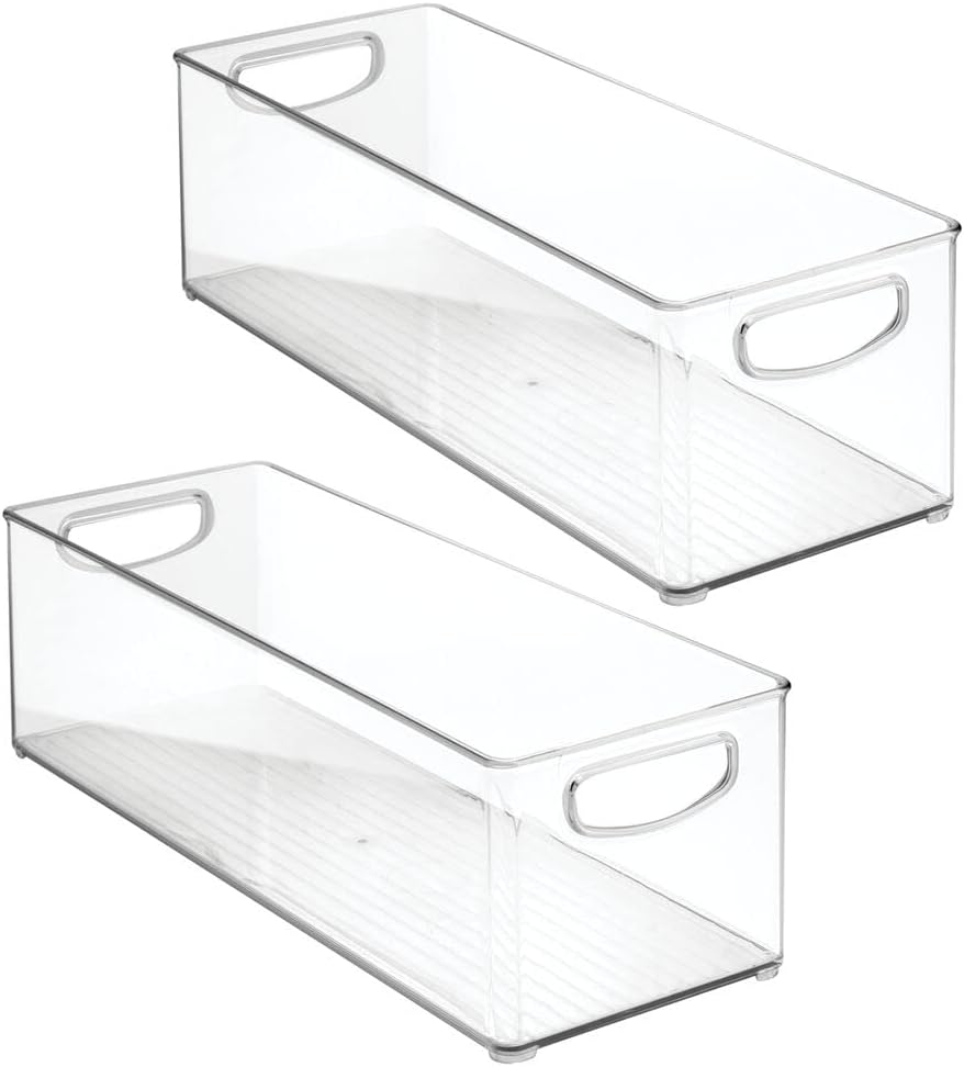 Plastic Kitchen Organizer - Storage Holder Bin with Handles for Pantry, Cupboard, Cabinet, Fridge/Freezer, Shelves, and Counter - Holds Canned Food, Snacks - 2 Pack - Clear