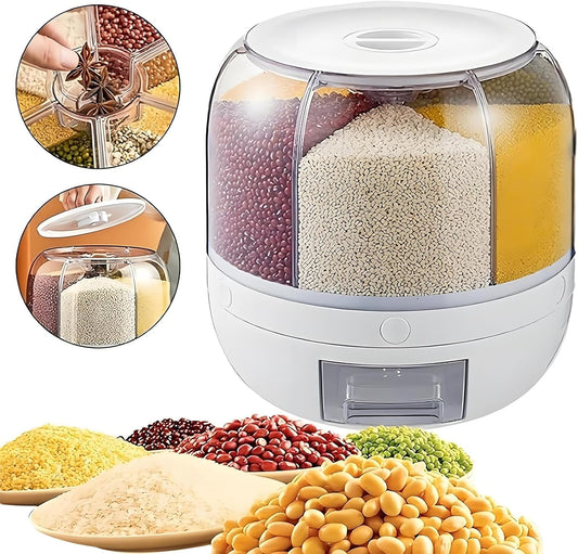 Rotating Grain Storage Bin 6 Grids Rice Container One-Click Output Large Capacity Food Dispenser For Rice Grains Sealed Moisture Proof Organizer (Grey) (Large)