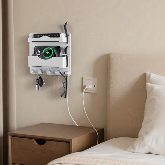 Bedside Wall Shelf with Glasses Hooks, Adhesive Bedside Organizer Wall Mount for Dorm and Room Accessories Phone,Remote,Earphone, Kindle (White)