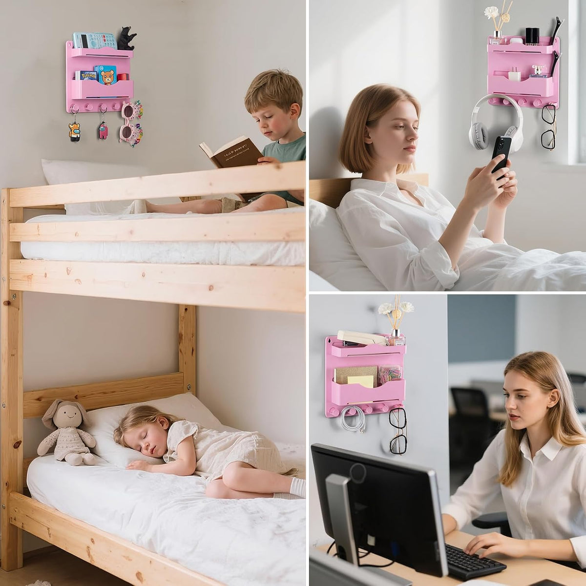 Bedside Wall Shelf with Glasses Hooks, Adhesive Bedside Organizer Wall Mount for Dorm and Room Accessories Phone,Remote,Earphone, Kindle (White)