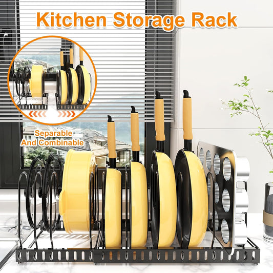 Pot and Pan Organizer Rack for Cabinet & Countertop, 3‑Tier Expandable Holder with 12 Adjustable Compartments, Kitchen Storage for Pan Lid, Cutting Board, Cookware & Bakeware, Black