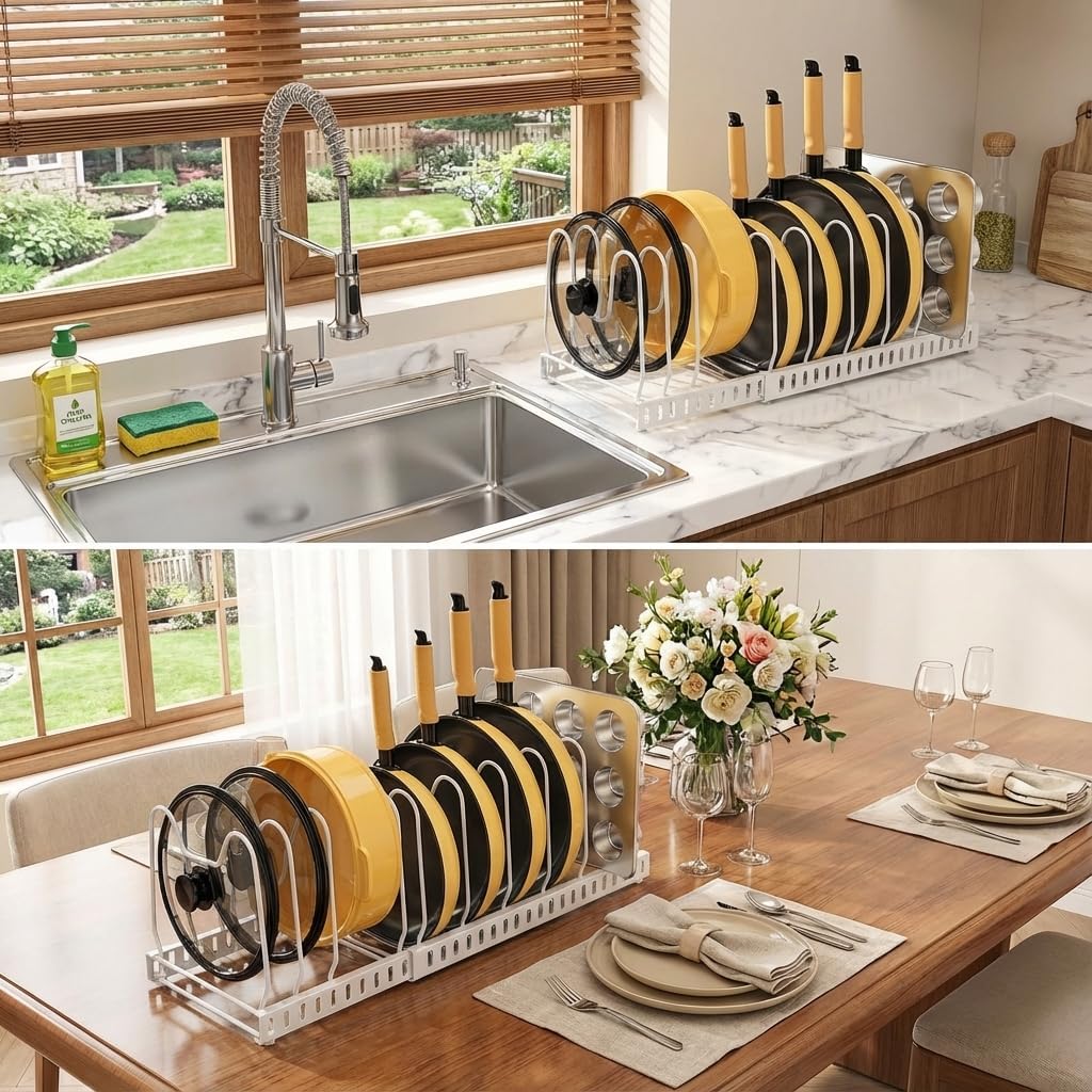 Pot and Pan Organizer Rack for Cabinet & Countertop, 3‑Tier Expandable Holder with 12 Adjustable Compartments, Kitchen Storage for Pan Lid, Cutting Board, Cookware & Bakeware, Black