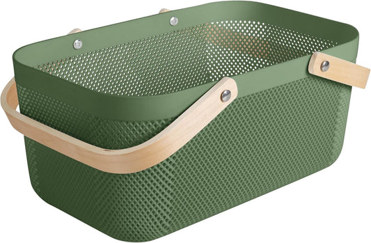Large Mesh Plastic Storage Basket with Wooden Handle Forest Green Color | Garden Harvest Organizer | Kitchen Pantry Storage Bin