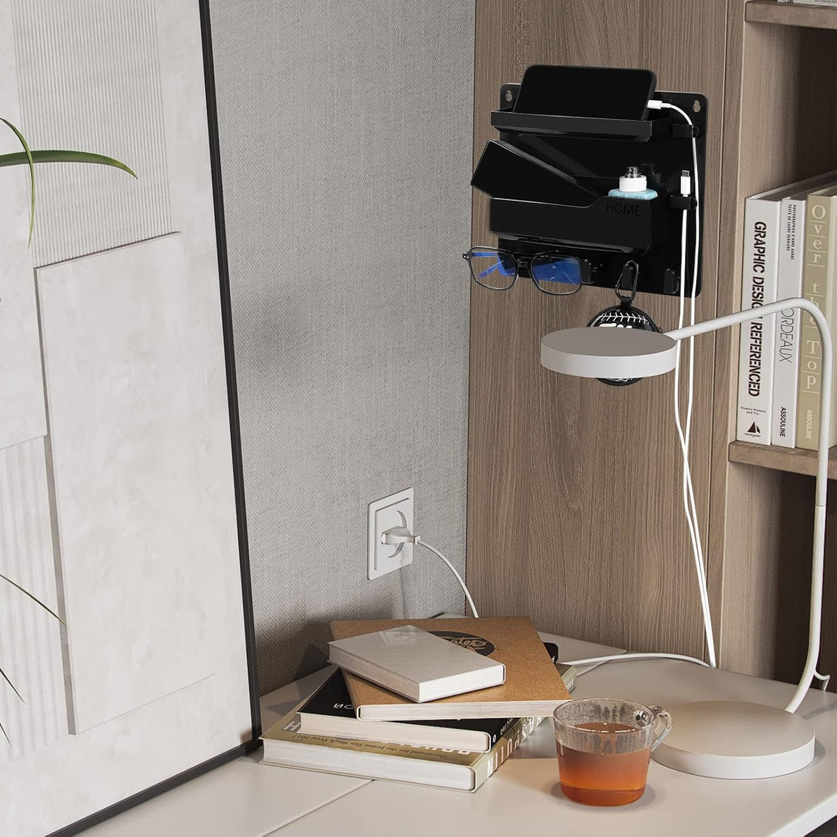 Bedside Shelf Wall Mount, Adhesive Bedside Shelf Accessories Organizer with Hooks and Cable Clips,Dorm Bedside Wall Storage for Phone, Remote, Earphone, Kindle,Plastic(White)
