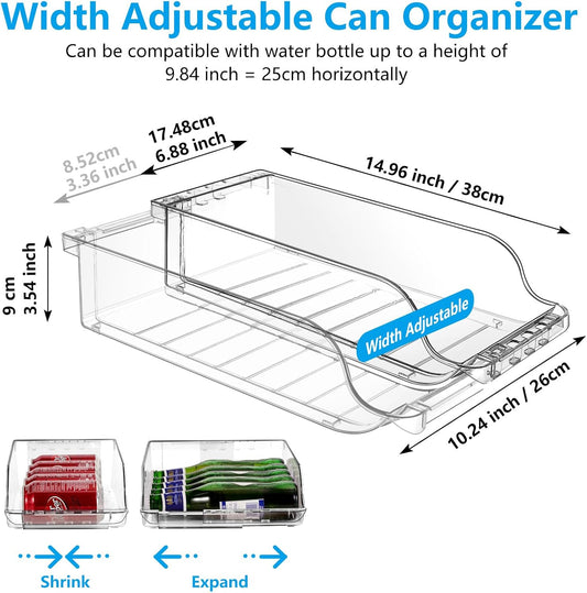 2 Packs Refrigerator Organizers and Storage Width Adjustable Can Organizer for Refrigerator Expandable Soda Can Dispenser for Beer Soda Pop Can Soda Organizer for Fridge Kitchen Pantry Clear