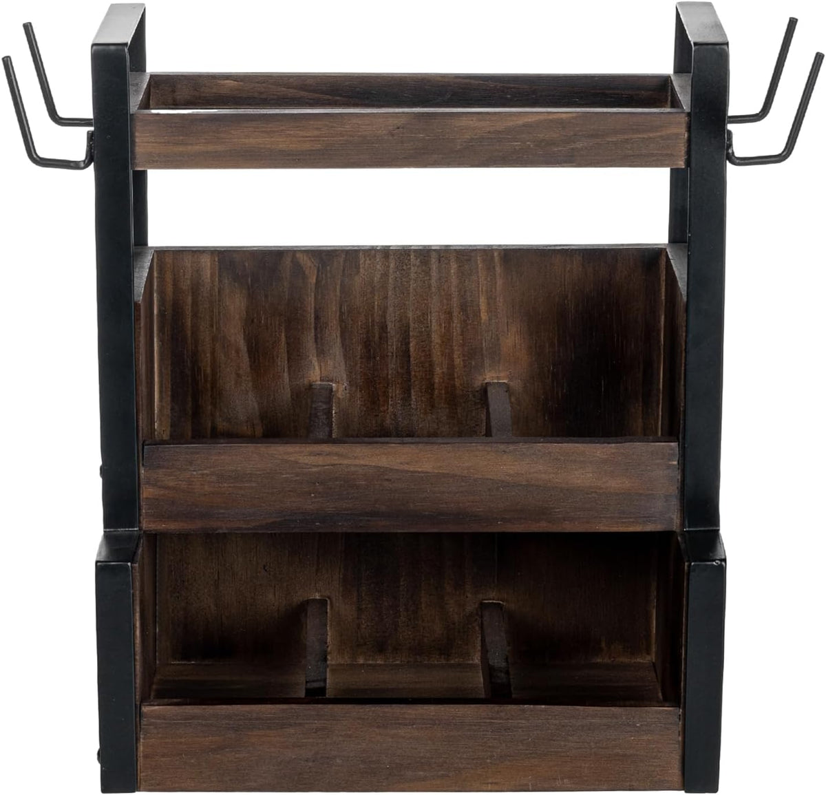 MyGift 3 Tier Tabletop Tea Bag Organizer, Teacup Storage Stand, 6 Compartment with Top Shelf, 4 Mug Holder Hooks, Black Metal Frame and Rustic Burnt Solid Wood