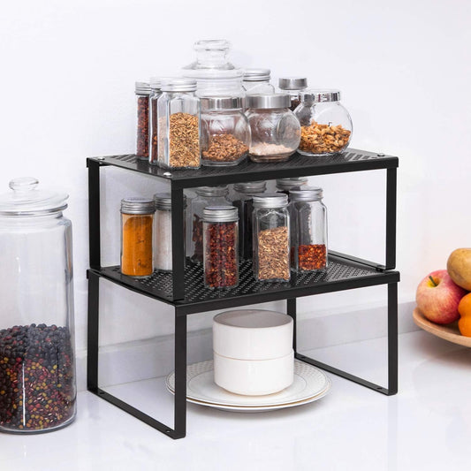 Cabinet Organizer Shelf Set of 2, Kitchen Counter Stackable Shelves, Expandable Spice Rack Pantry Organizers Bathroom Storage Riser, Metal, Black