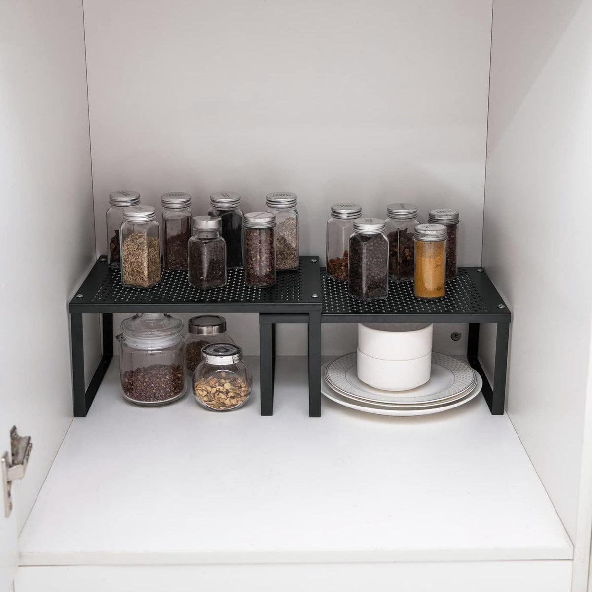 Cabinet Organizer Shelf Set of 2, Kitchen Counter Stackable Shelves, Expandable Spice Rack Pantry Organizers Bathroom Storage Riser, Metal, Black