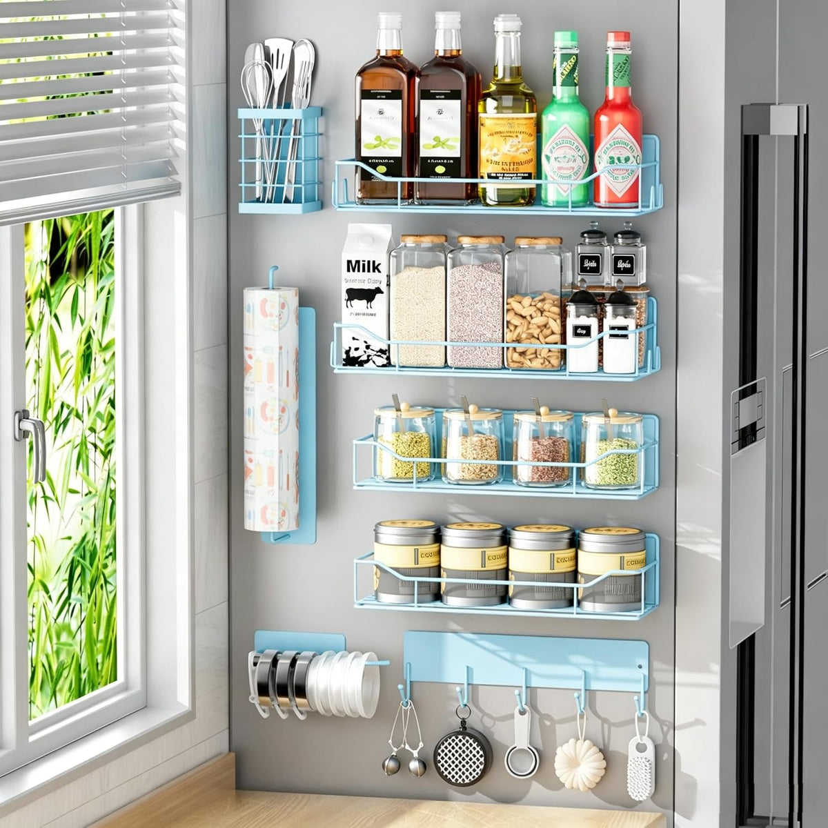 Magnetic Spice Rack for Refrigerator, Magnetic Fridge Shelf, Moveable Spice Organizer with Hook Rack, Paper Towel Holder, Utensil Holder,cup lid holder, Super Magnetic Rack Set (Black)
