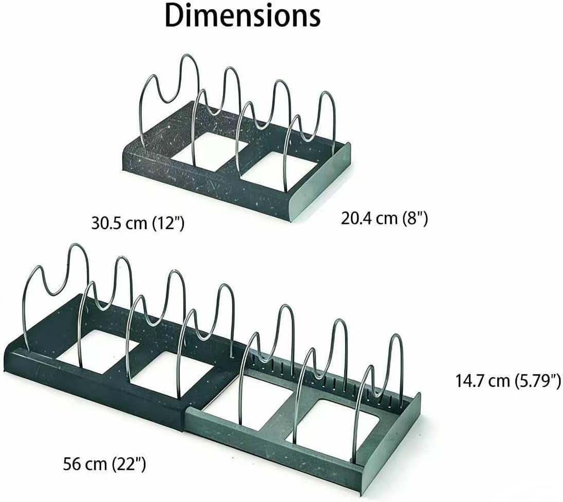 Expandable Pot Lid Organizer Rack for Under Cabinet, Adjustable 12"-22" Kitchen Storage with 7 Steel Dividers, Scratch-Resistant ABS Base for Pans, Cutting Boards, Bakeware, Grey
