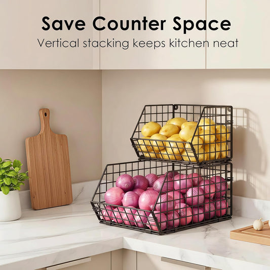 2-Tier Potato and Onion Storage Bin, Stackable Wire Baskets for Countertop | Large Fruit and Vegetable Storage, Wall-Mount Kitchen Pantry Organizer with Ventilated Mesh to Keep Produce Fresh for Cabinet