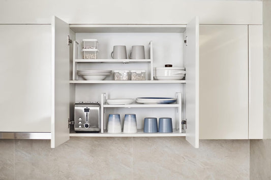 Cabinet Shelf Riser, Adjustable Cabinet Organizer, 10.3" Deep White