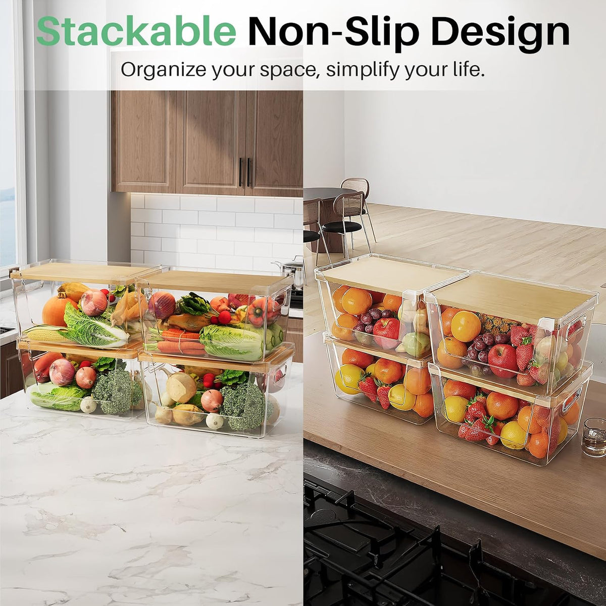 2 Set Pantry Organizer and Stackable Storage Kitchen,Sturdy and Durable Storage Basket for Potato, Onion, Garlic, Fruit, Vegetable, Produce, Clear Plastic Storage with Lid&Handle