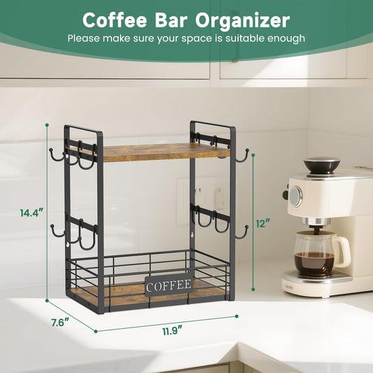 Coffee Mug Cup Holder Tree Bar Station Organizer, 2 Tier Mug Stand Rack for Countertop Kitchen, Storage Tower Display Shelf with 12 Hooks, Coffee Nook Enhancer, Vintage Brown Black