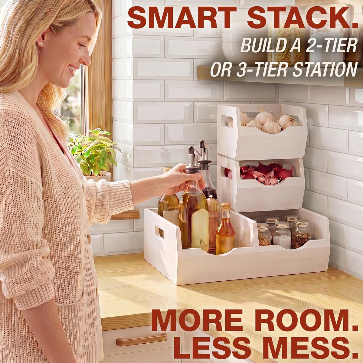 Stackable Solid Wood Storage Bins for Kitchen Pantry & Countertop, Ventilated Potato and Onion Basket Organizer with Handles, Wooden Produce Storage Containers, 3-Pack, Chestnut Finish