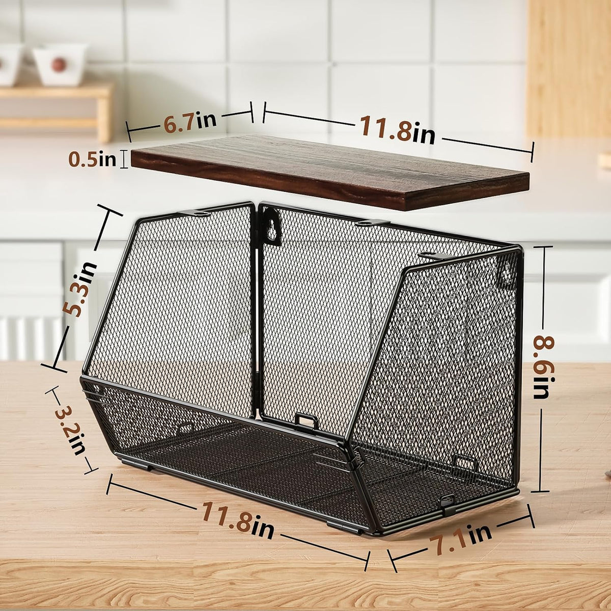 Stackable Fruit Basket for Kitchen Countertop Space Saving, Wall Mounted Mesh Metal Wire Baskets with Wood Lid Extra Storage, 2 Pack Kitchen Counter Organizer for Snack, Onion and Potato Storage