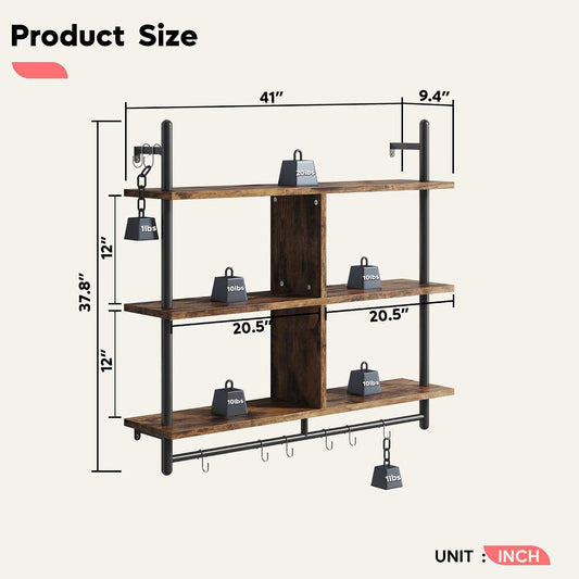 41.5" Floating Shelves for Wall 3 Tier Kitchen Shelves Wall Mounted Coffee Bar Shelf Hanging Shelf with 8 Hooks, Industrial Display Pipe Shelving for Kitchen Living Room Bathroom, Rustic Brown