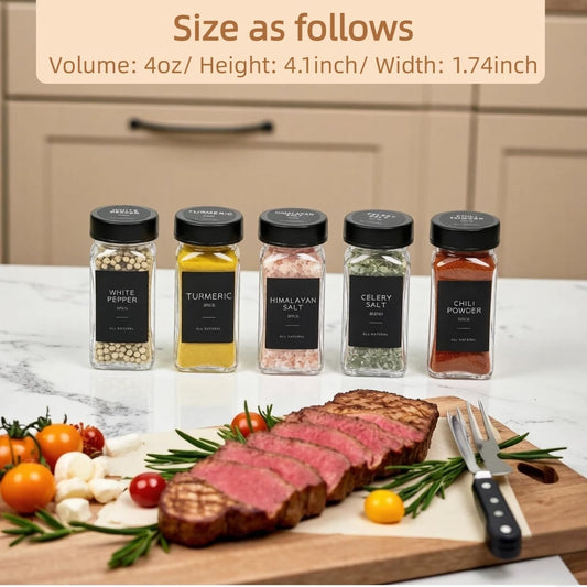 Glass Spice Jars with Label, Seasoning Jars; 26 PCS Black Steel Lids/Airtight Lids Keep Spice Fresh; Pepper Grinder Lid, 360 Labels, Funnel and Brush, Shaker Inserts; 4 oz Jar Set